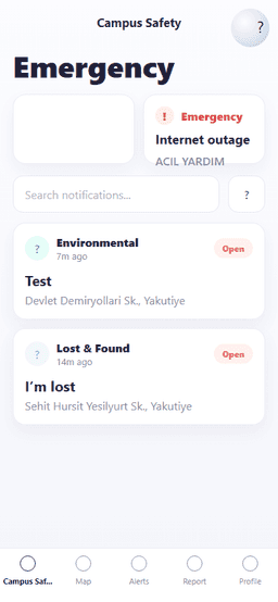 Campus Safety App incident feed and emergency alert screen