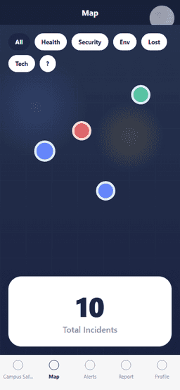 Campus Safety App map screen with incident markers