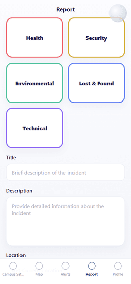 Campus Safety App incident report submission screen