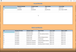 Issued and returned books report screen in the Library Management System
