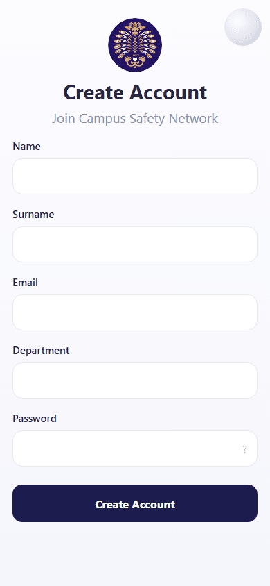 Campus Safety App account creation screen