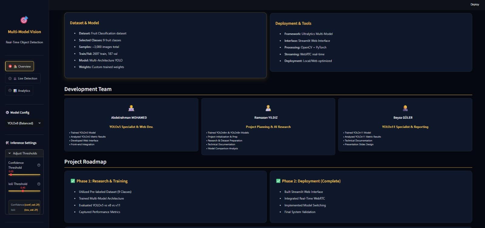 YOLO monitoring interface overview screen