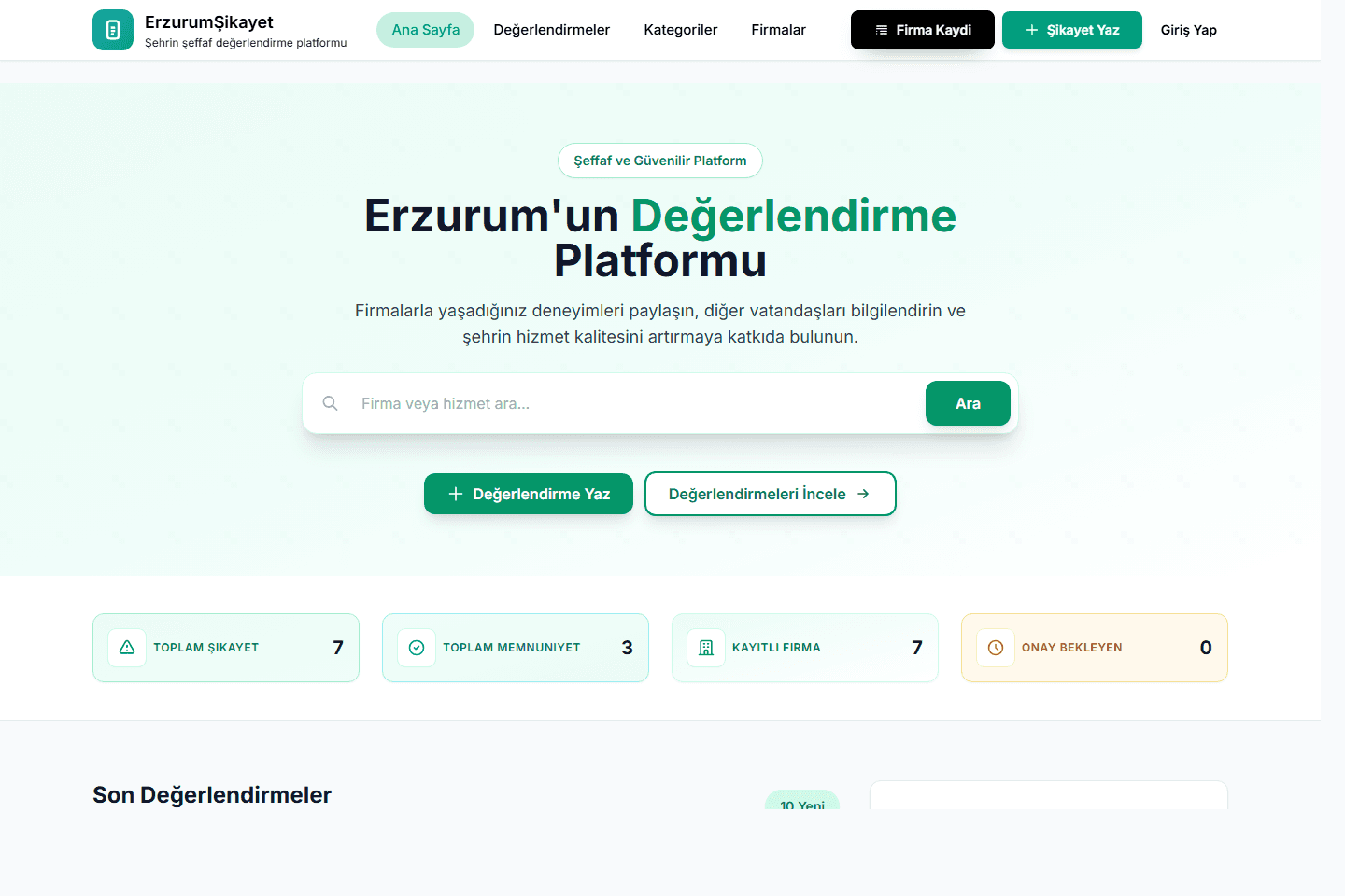 ErzurumSikayet homepage showing complaint search and dashboard metrics