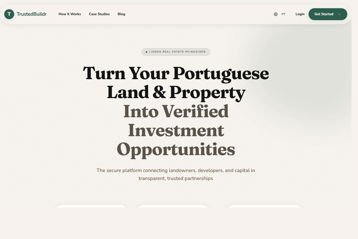 TrustedBuildr.pt homepage with verified property marketplace messaging