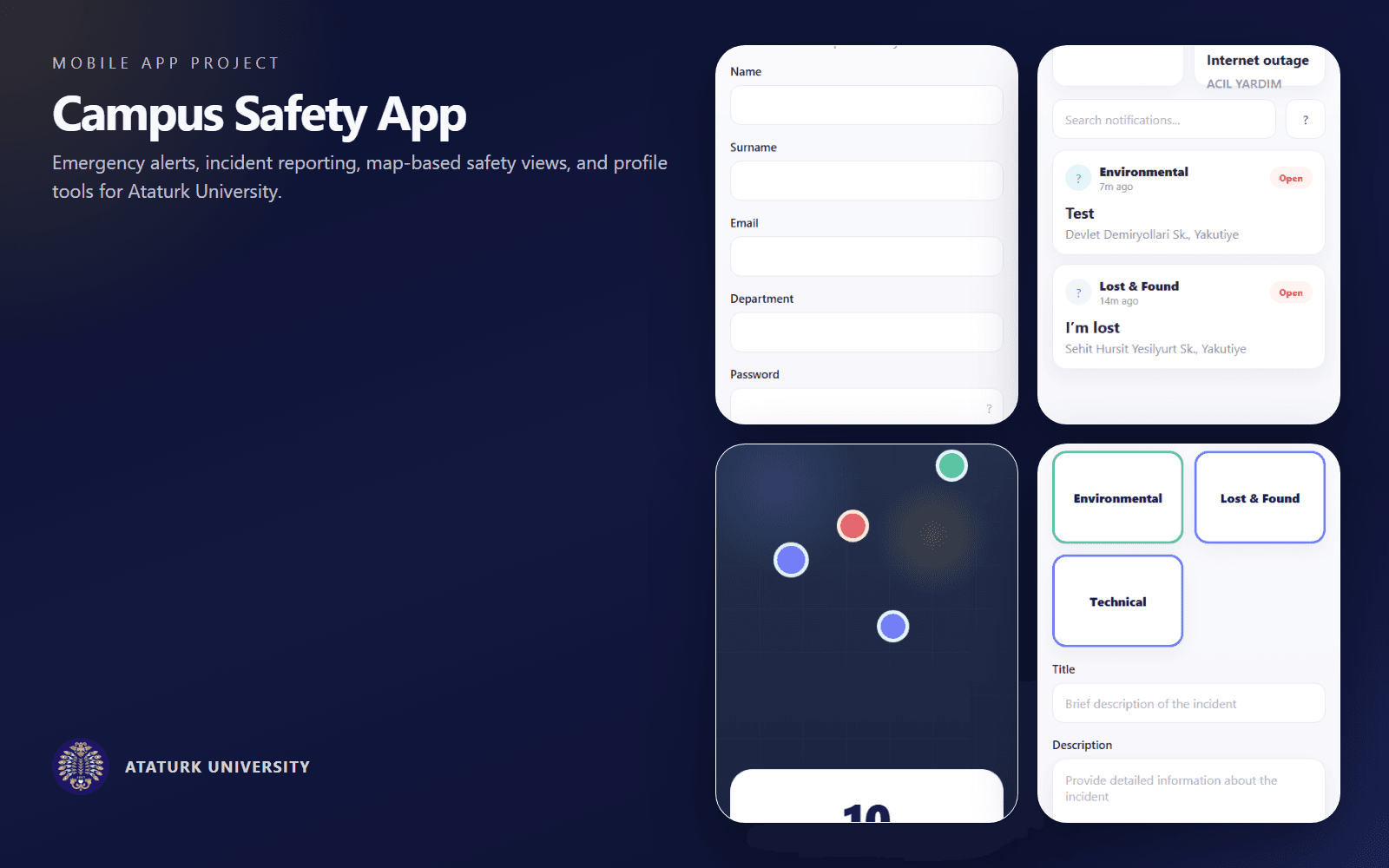 Campus Safety App cover showing account, feed, map, and report screens