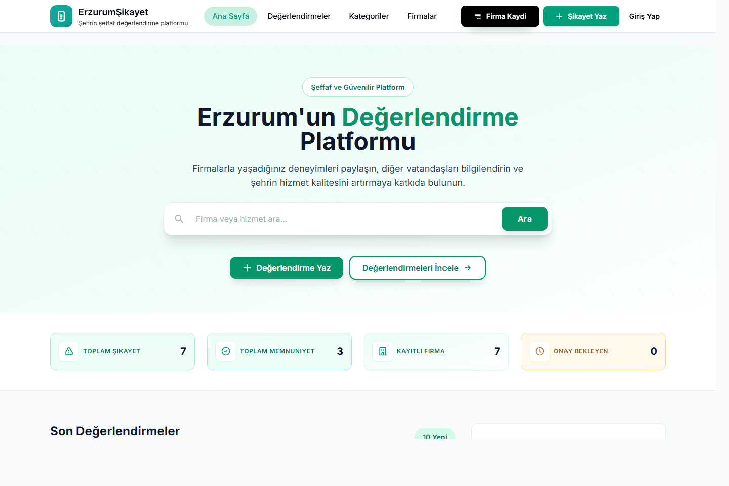 ErzurumSikayet homepage showing complaint search and dashboard metrics