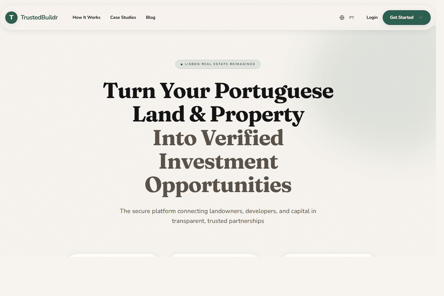 TrustedBuildr.pt homepage with verified property marketplace messaging